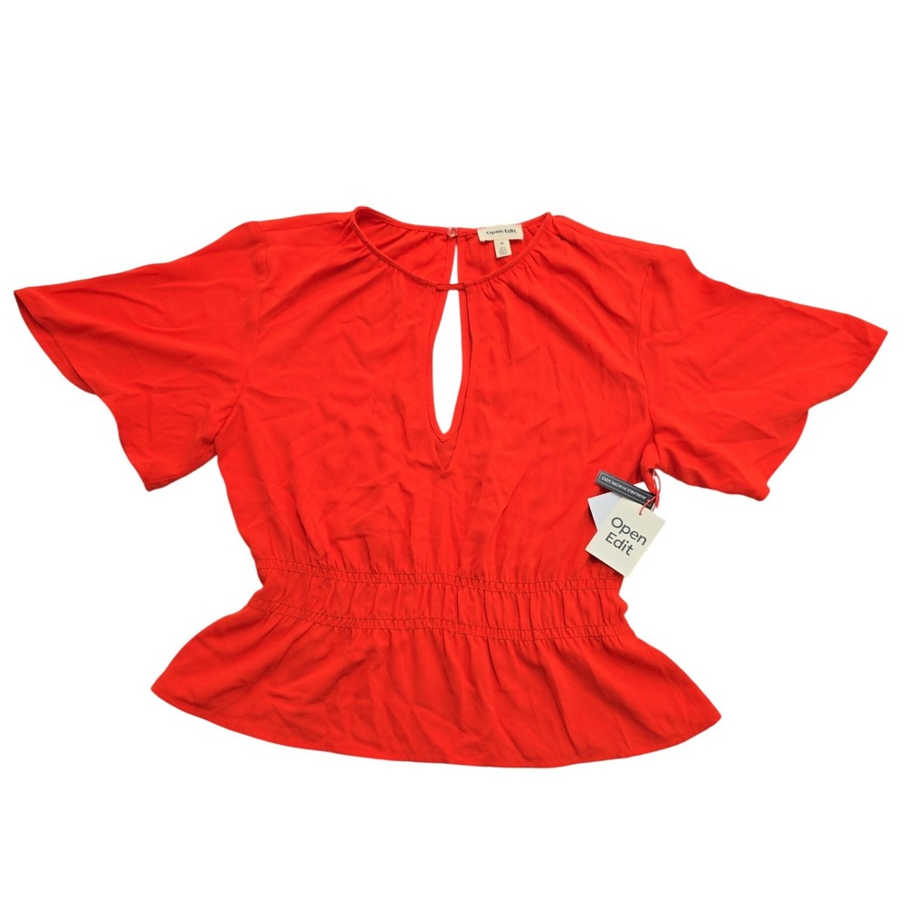 Open Edit Womens Red Keyhole Peplum Top Smocked Waist Flutter Sleeve Medium NWT